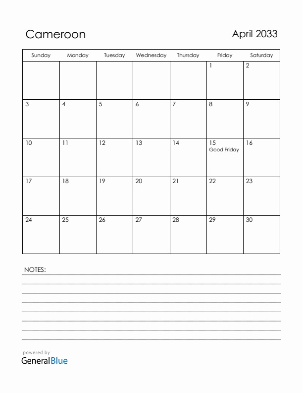 April 2033 Cameroon Calendar with Holidays (Sunday Start)
