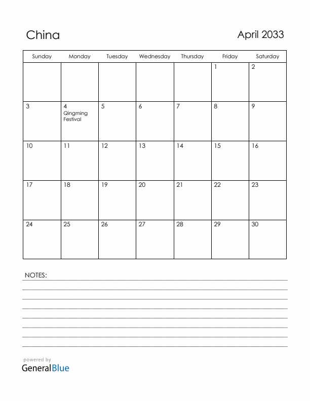 April 2033 China Calendar with Holidays (Sunday Start)