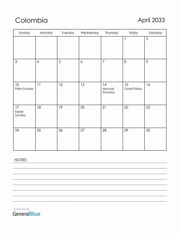 April 2033 Colombia Calendar with Holidays (Sunday Start)