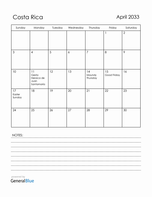 April 2033 Costa Rica Calendar with Holidays (Sunday Start)