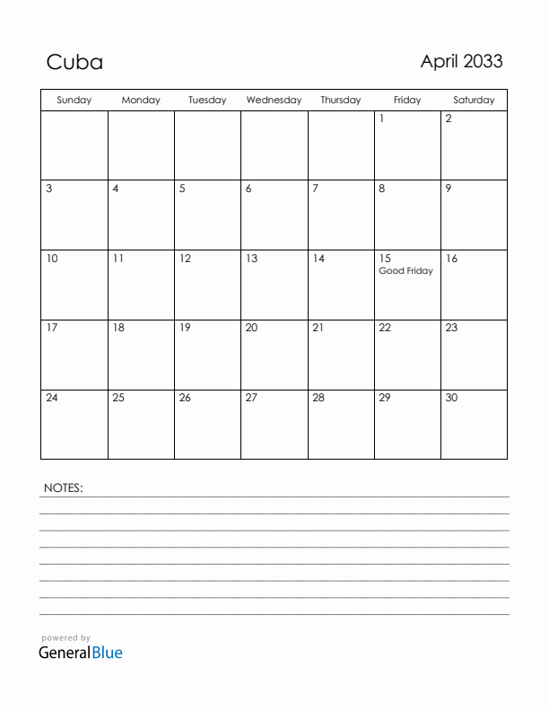 April 2033 Cuba Calendar with Holidays (Sunday Start)