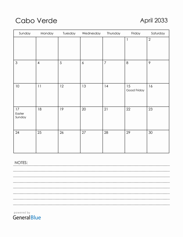 April 2033 Cabo Verde Calendar with Holidays (Sunday Start)