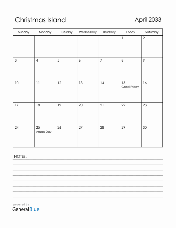 April 2033 Christmas Island Calendar with Holidays (Sunday Start)