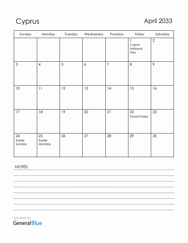 April 2033 Cyprus Calendar with Holidays (Sunday Start)