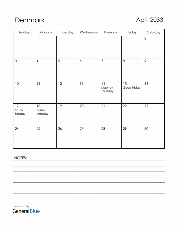 April 2033 Denmark Calendar with Holidays (Sunday Start)