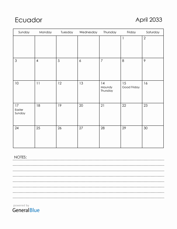 April 2033 Ecuador Calendar with Holidays (Sunday Start)