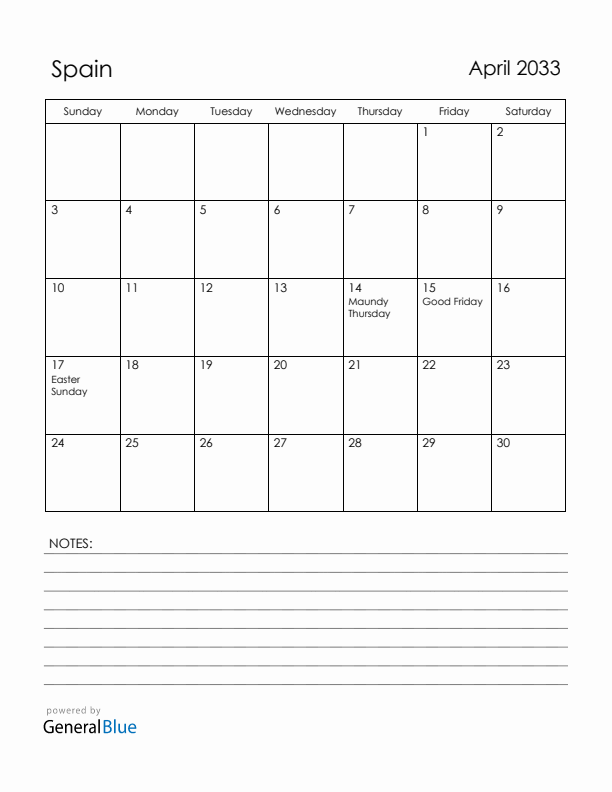 April 2033 Spain Calendar with Holidays (Sunday Start)