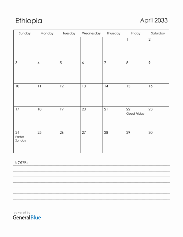 April 2033 Ethiopia Calendar with Holidays (Sunday Start)