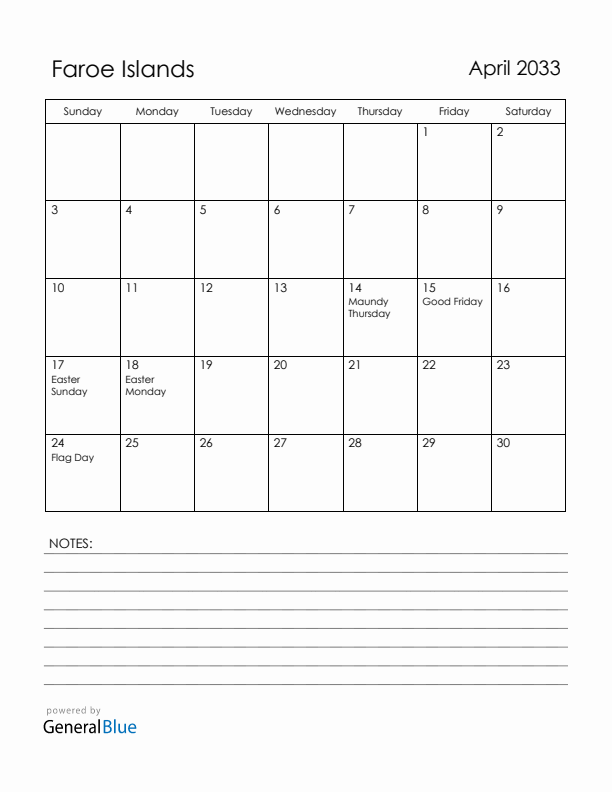 April 2033 Faroe Islands Calendar with Holidays (Sunday Start)