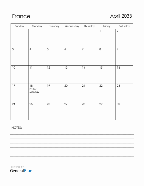 April 2033 France Calendar with Holidays (Sunday Start)