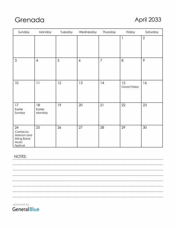 April 2033 Grenada Calendar with Holidays (Sunday Start)
