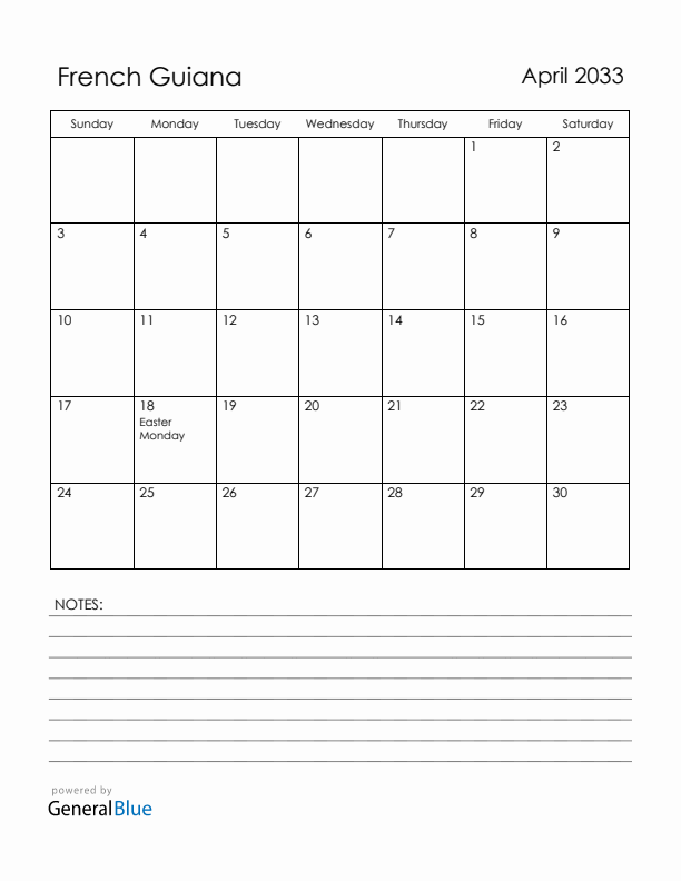 April 2033 French Guiana Calendar with Holidays (Sunday Start)