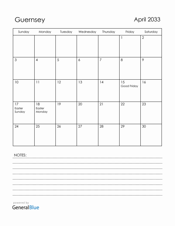April 2033 Guernsey Calendar with Holidays (Sunday Start)