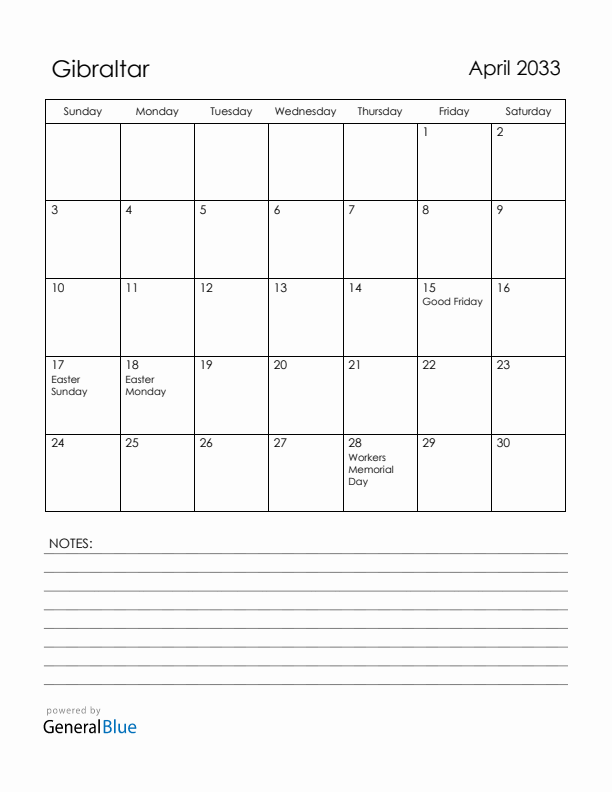 April 2033 Gibraltar Calendar with Holidays (Sunday Start)