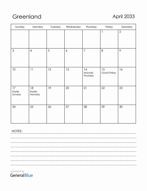April 2033 Greenland Calendar with Holidays (Sunday Start)
