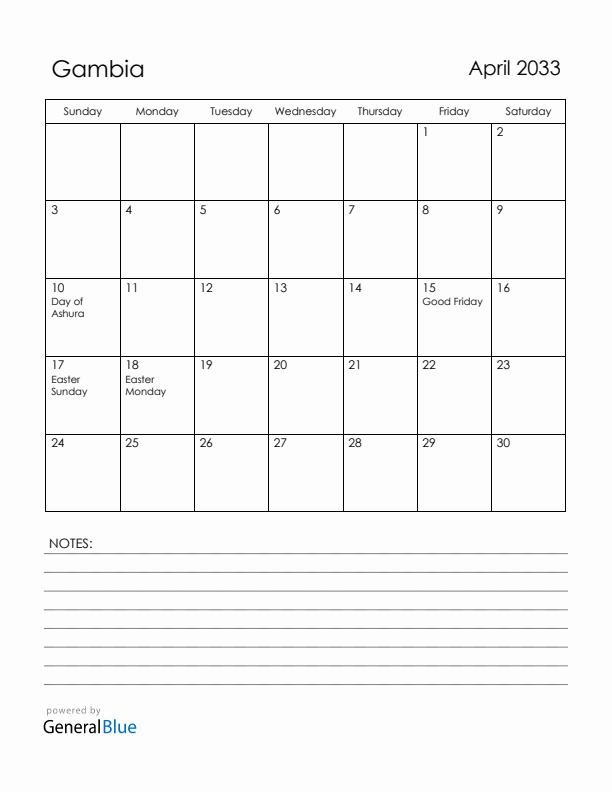 April 2033 Gambia Calendar with Holidays (Sunday Start)