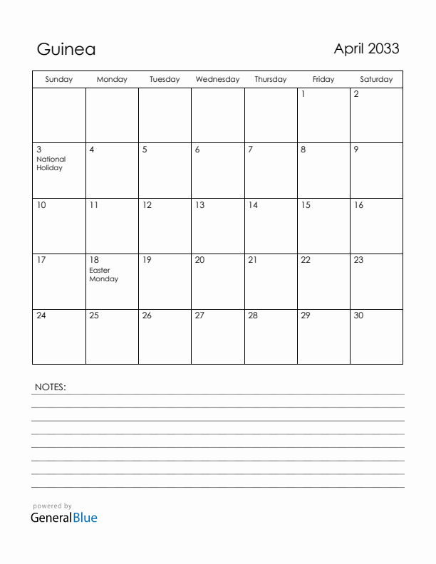 April 2033 Guinea Calendar with Holidays (Sunday Start)