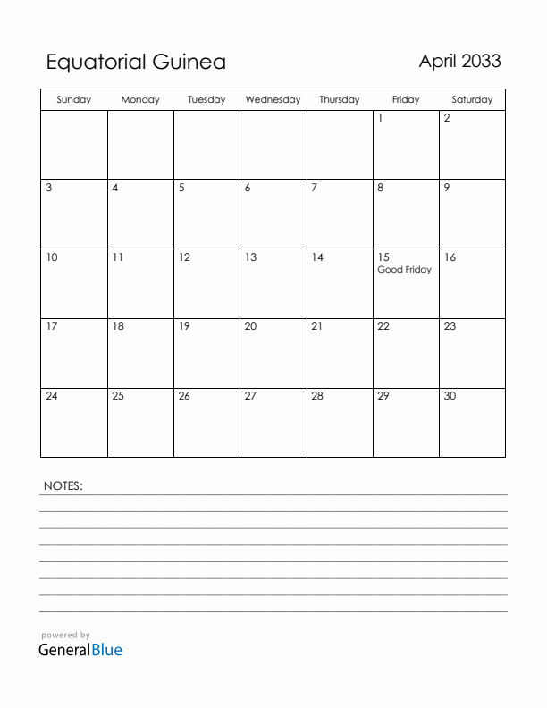 April 2033 Equatorial Guinea Calendar with Holidays (Sunday Start)