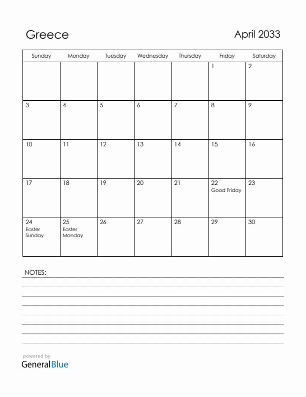 April 2033 Greece Calendar with Holidays (Sunday Start)