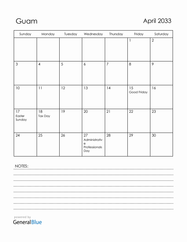 April 2033 Guam Calendar with Holidays (Sunday Start)