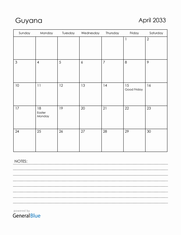 April 2033 Guyana Calendar with Holidays (Sunday Start)