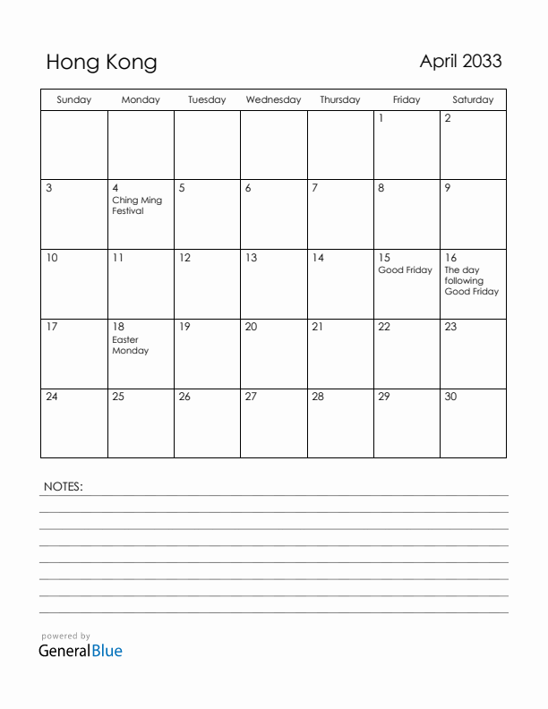 April 2033 Hong Kong Calendar with Holidays (Sunday Start)