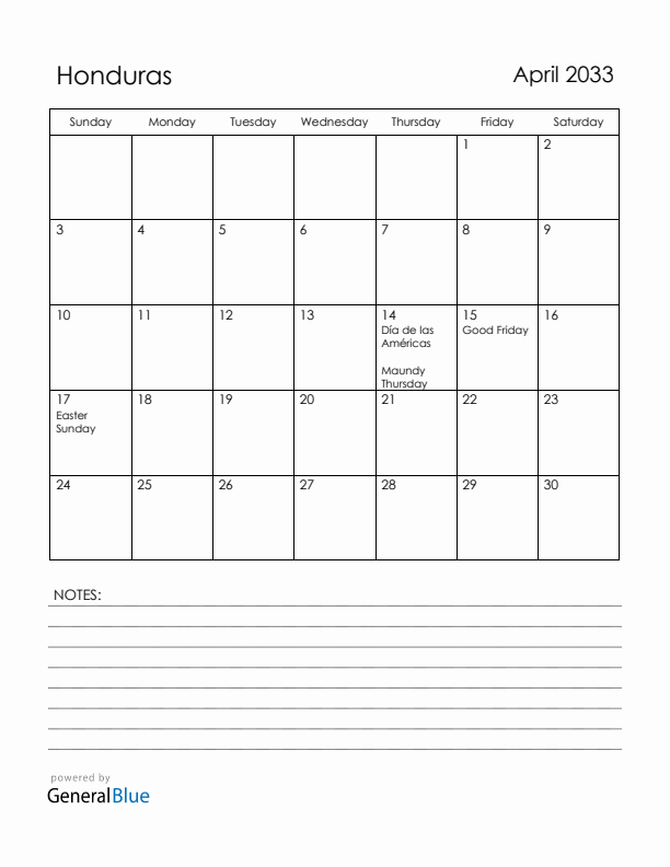 April 2033 Honduras Calendar with Holidays (Sunday Start)