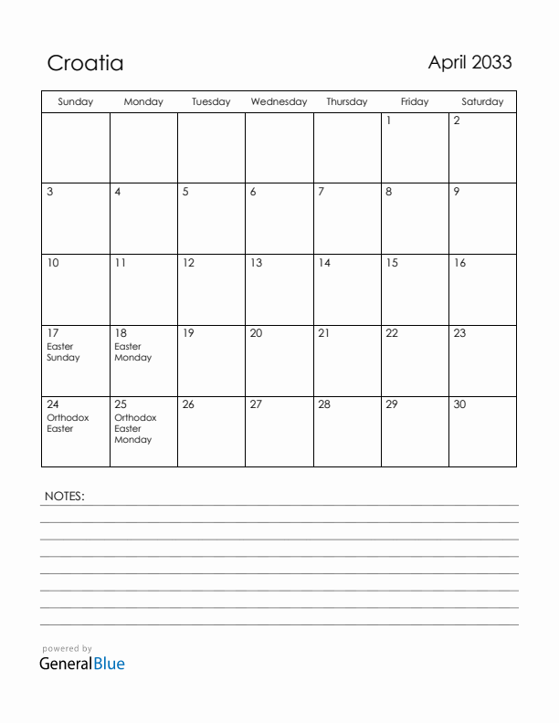 April 2033 Croatia Calendar with Holidays (Sunday Start)