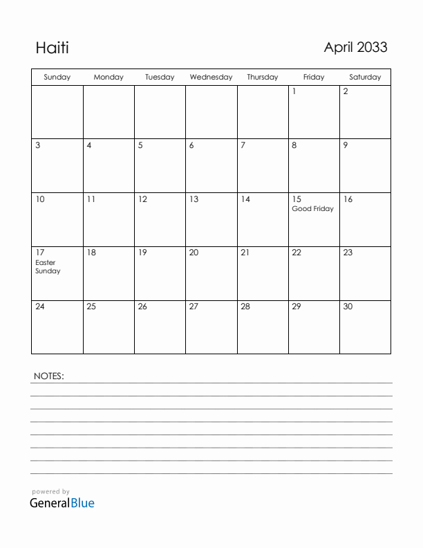 April 2033 Haiti Calendar with Holidays (Sunday Start)