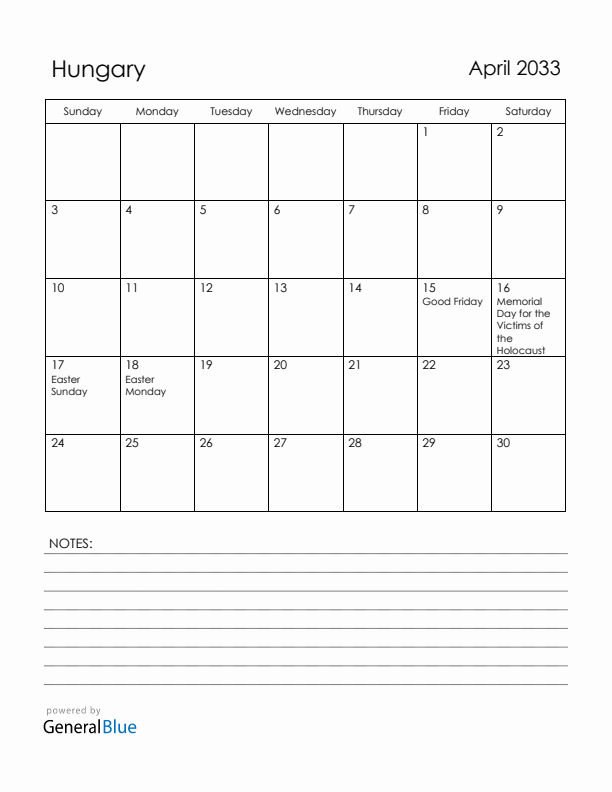 April 2033 Hungary Calendar with Holidays (Sunday Start)