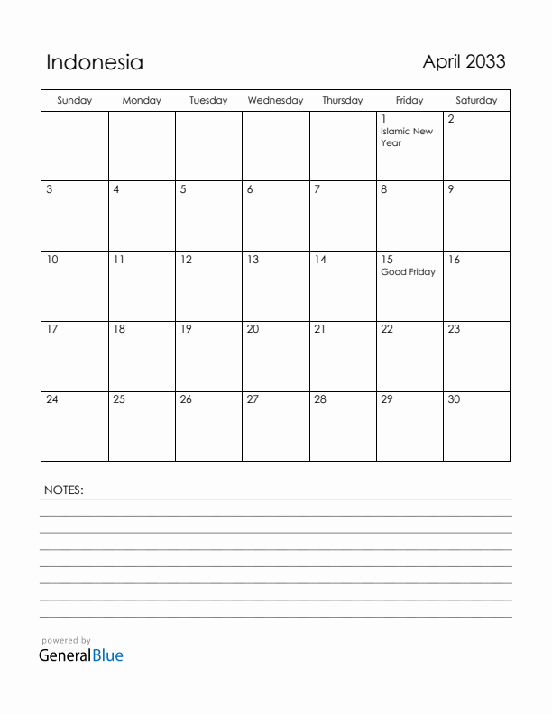 April 2033 Indonesia Calendar with Holidays (Sunday Start)