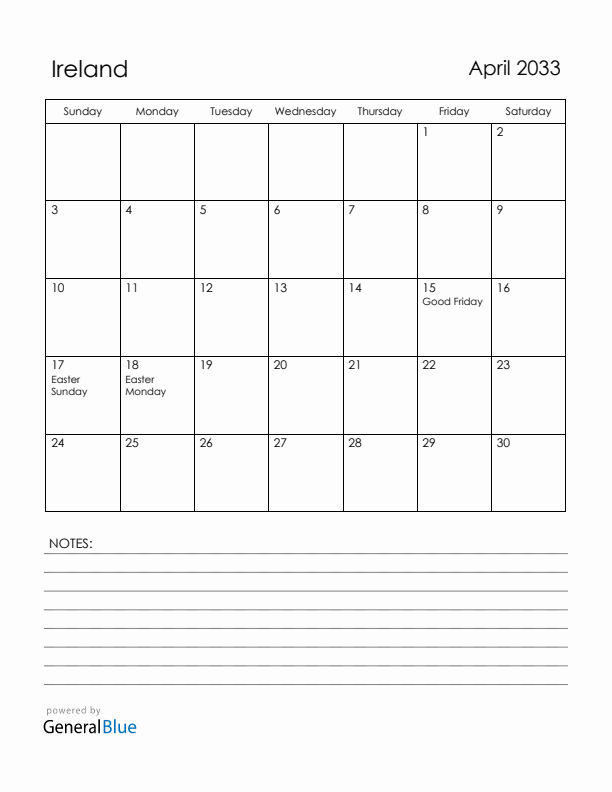 April 2033 Ireland Calendar with Holidays (Sunday Start)