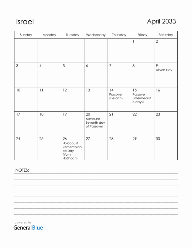April 2033 Israel Calendar with Holidays (Sunday Start)