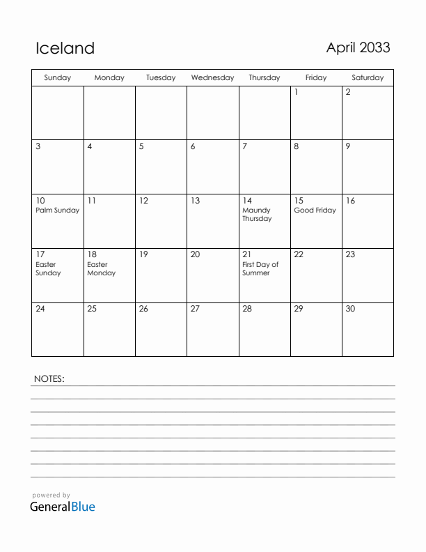 April 2033 Iceland Calendar with Holidays (Sunday Start)