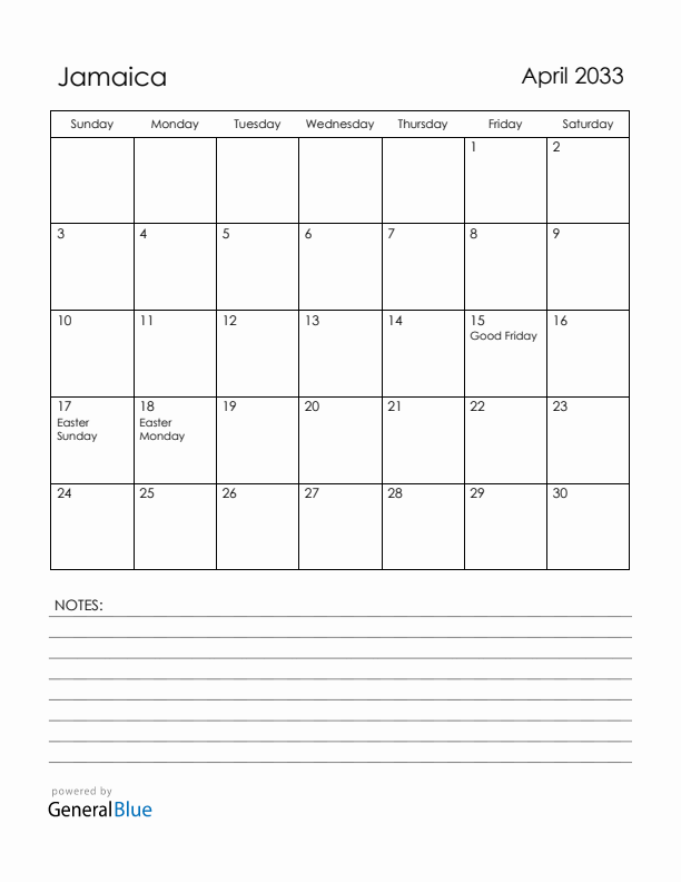 April 2033 Jamaica Calendar with Holidays (Sunday Start)