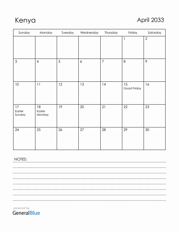April 2033 Kenya Calendar with Holidays (Sunday Start)