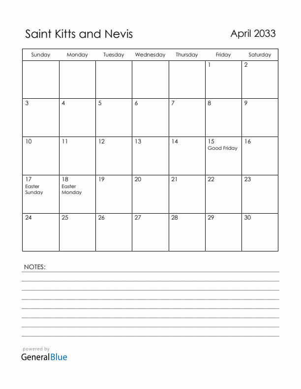 April 2033 Saint Kitts and Nevis Calendar with Holidays (Sunday Start)