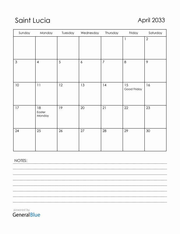 April 2033 Saint Lucia Calendar with Holidays (Sunday Start)