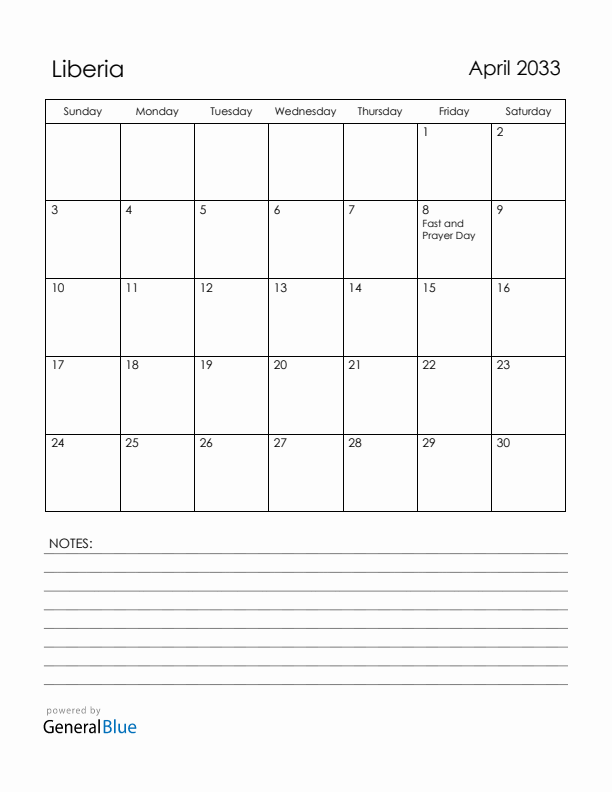 April 2033 Liberia Calendar with Holidays (Sunday Start)
