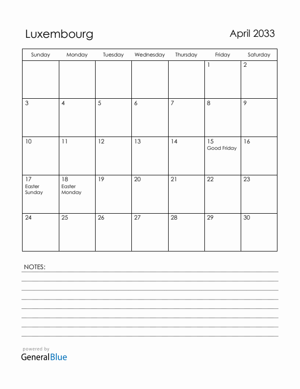 April 2033 Luxembourg Calendar with Holidays (Sunday Start)