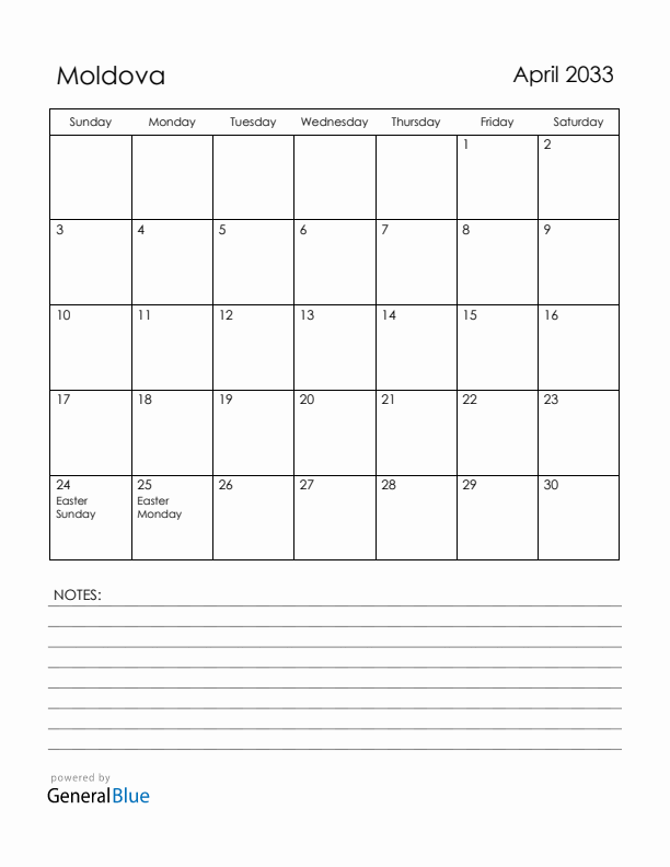 April 2033 Moldova Calendar with Holidays (Sunday Start)