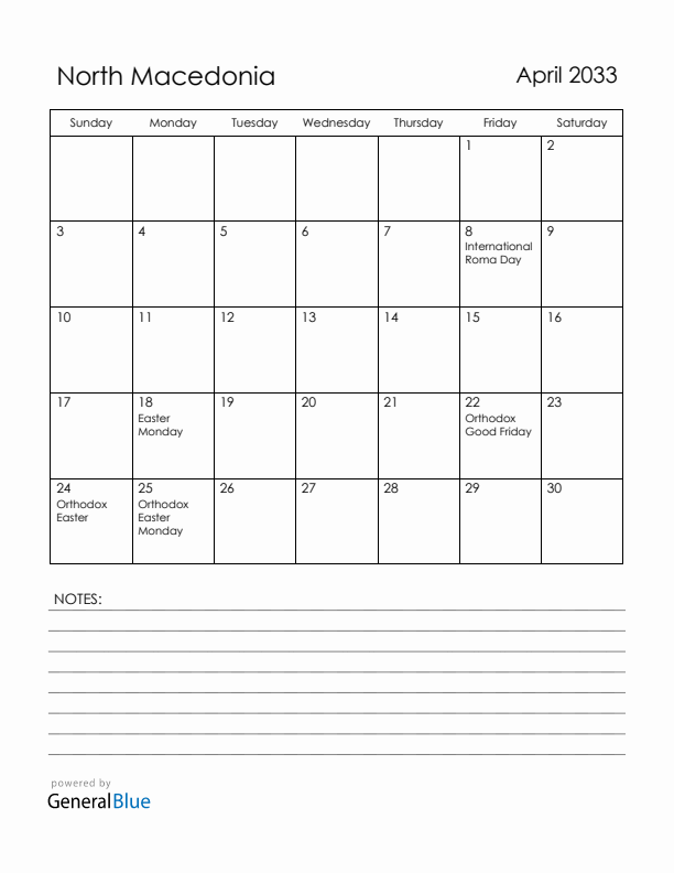 April 2033 North Macedonia Calendar with Holidays (Sunday Start)