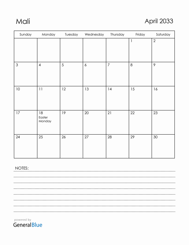 April 2033 Mali Calendar with Holidays (Sunday Start)