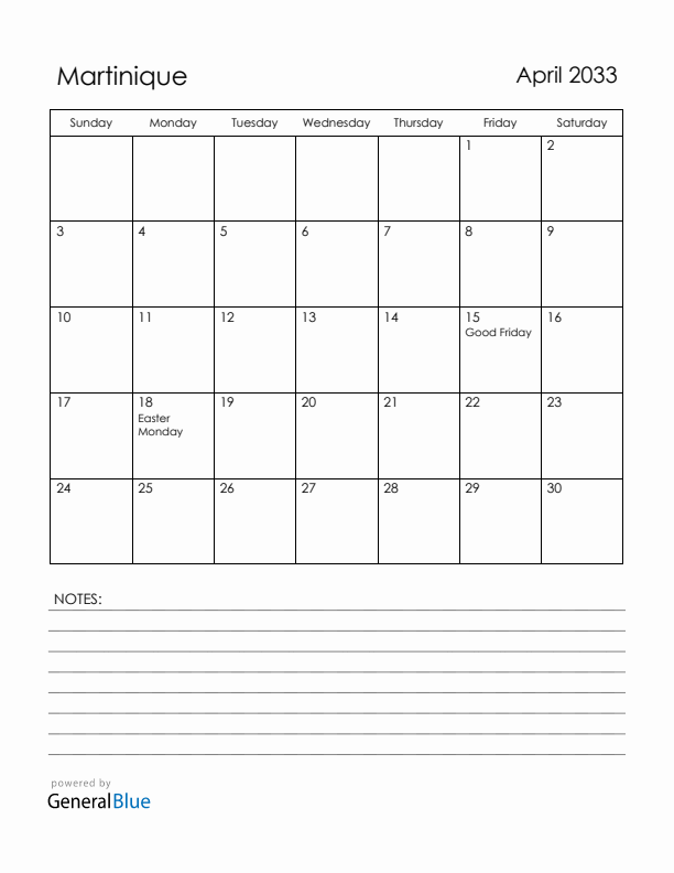 April 2033 Martinique Calendar with Holidays (Sunday Start)