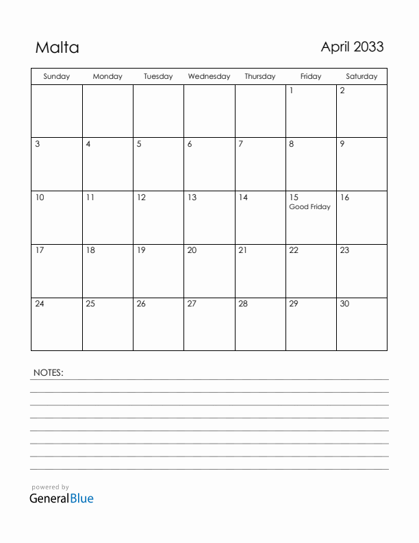 April 2033 Malta Calendar with Holidays (Sunday Start)