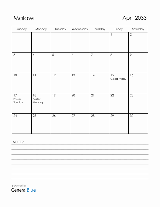 April 2033 Malawi Calendar with Holidays (Sunday Start)