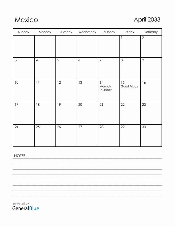 April 2033 Mexico Calendar with Holidays (Sunday Start)