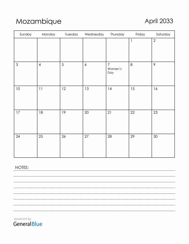 April 2033 Mozambique Calendar with Holidays (Sunday Start)