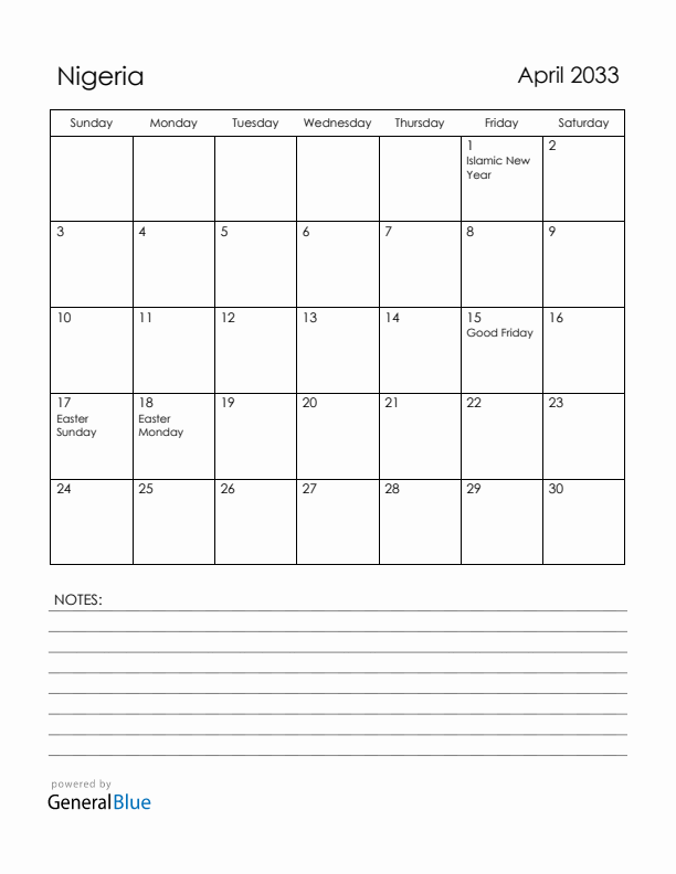 April 2033 Nigeria Calendar with Holidays (Sunday Start)