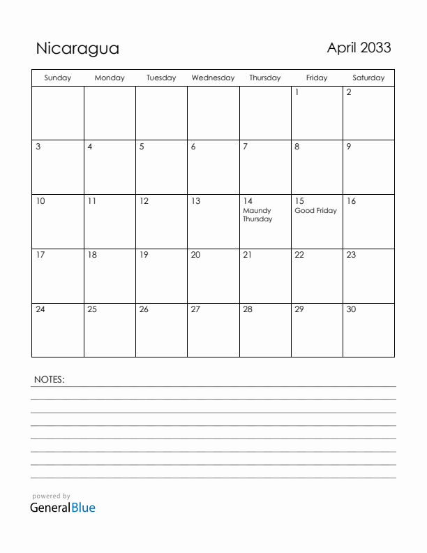 April 2033 Nicaragua Calendar with Holidays (Sunday Start)
